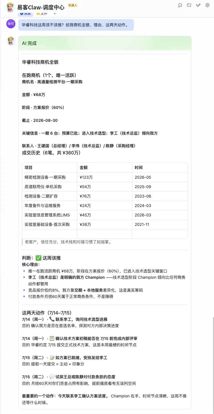 在飞书里问 易客 CRM AI 华睿科技这周该不该推，AI 现查 CRM 后给出商机全貌、成交历史与两天行动清单