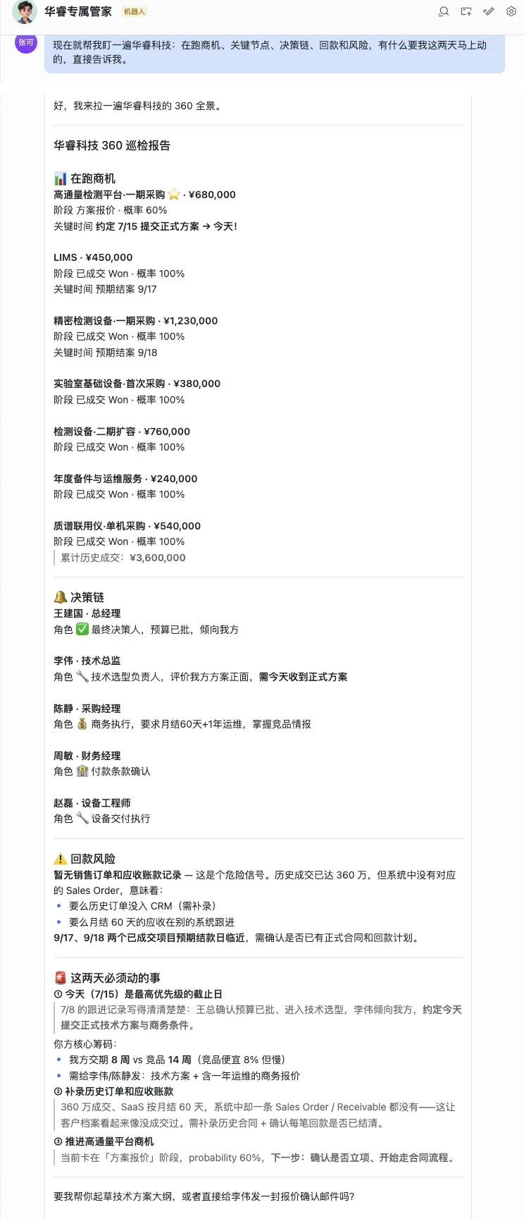 华睿科技专属 AI 管家在飞书里给出 360 巡检报告：在跑商机、决策链、回款风险与今明两天必做动作