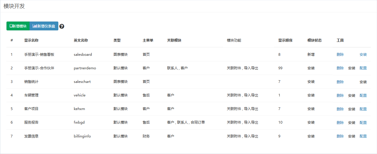 模块开发页面概览，列表列出已创建的自定义模块及其状态与工具链接