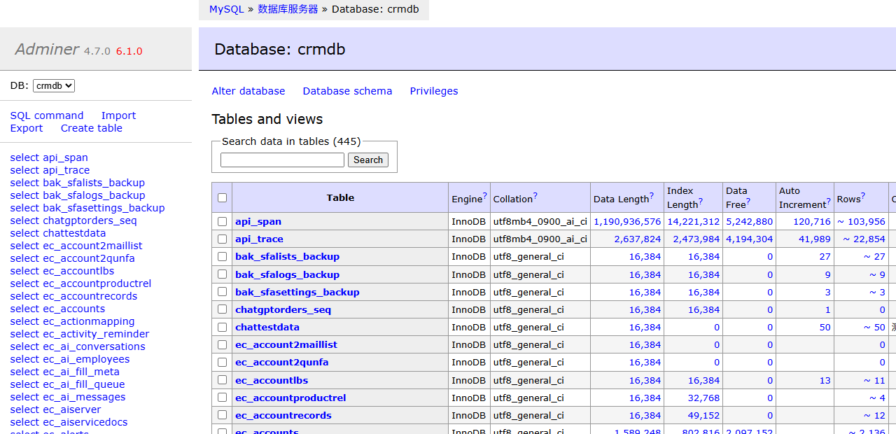 Adminer 首页：左侧表列表和「SQL command」「Import」「Export」链接，右侧「Tables and views」表格