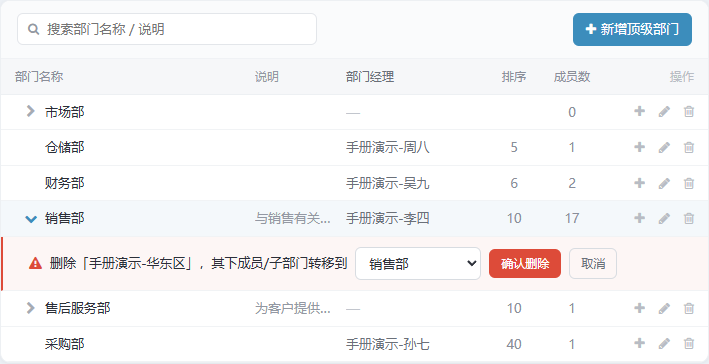 删除部门的行内确认条，需选择转移目标部门