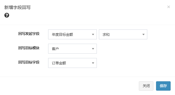 新增字段回写弹窗，回写发起字段选年度目标金额并选求和，回写目标模块选客户，回写目标字段选订单金额